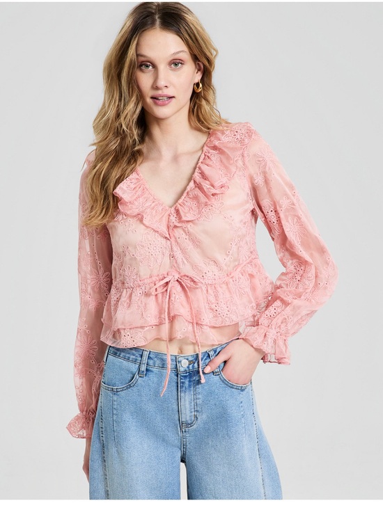And Now This Tops - Pink Embroidered Ruffled Tiered Tie-Front Crop Top Blouse - Cottagecore Romantic